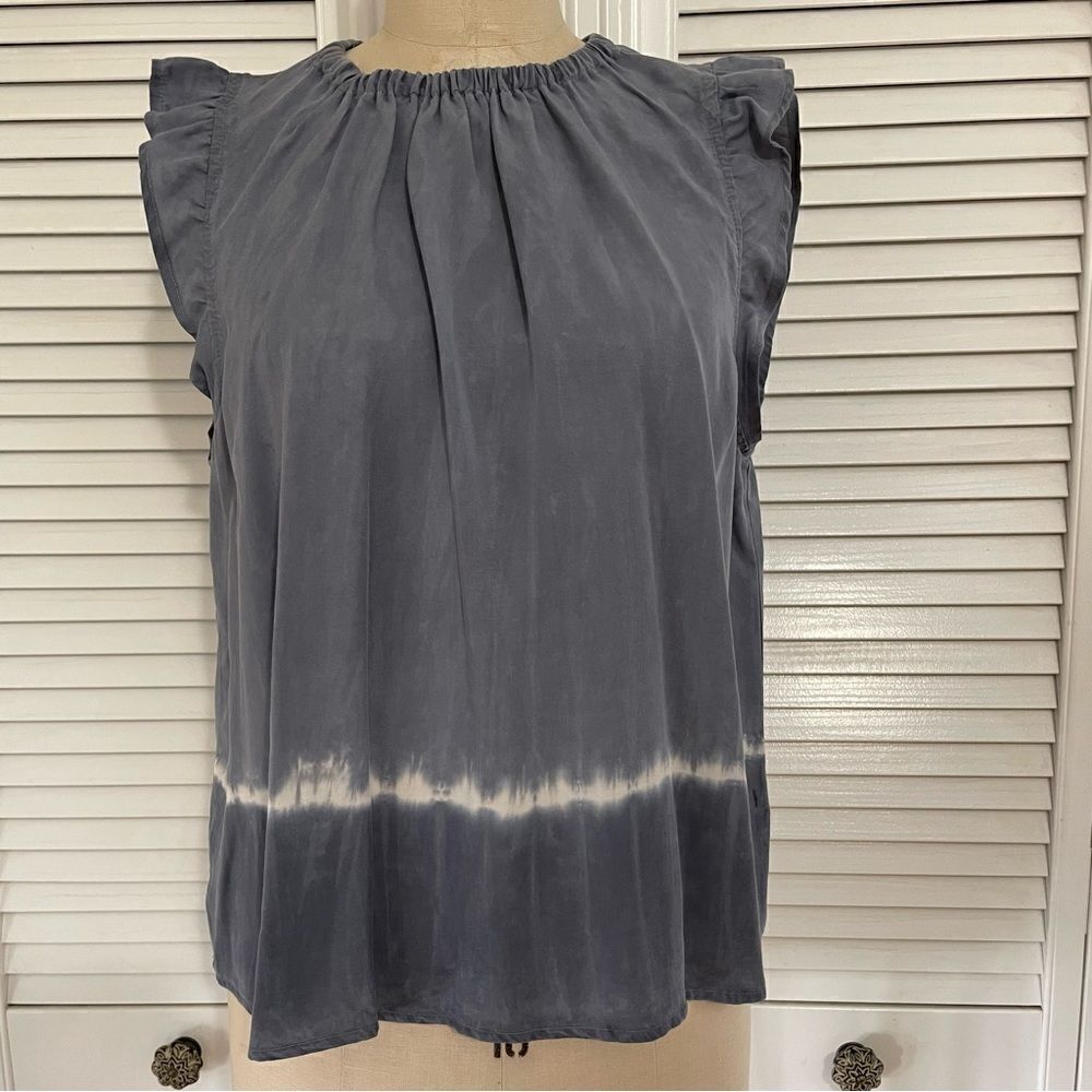 Bella Dahl Blue Acid Wash Tie Dye Short Flowy Sleeved Elastic Neck Top Sz-L